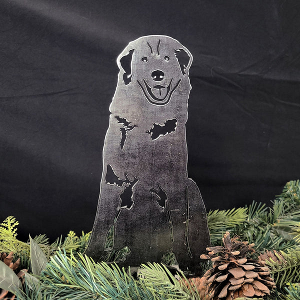 Great Pyrenees Corten steel dog silhouette, raw polished steel finish, shown outdoors – My Metal Rescue
