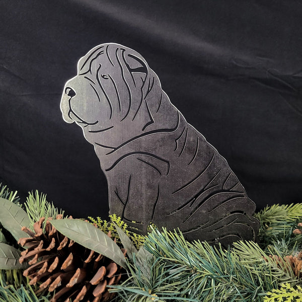 Shar Pei Corten steel dog silhouette, raw polished steel finish, shown outdoors – My Metal Rescue