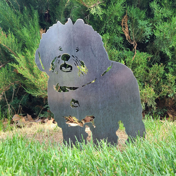 Bichon Frise Corten steel dog silhouette, raw polished steel finish, shown outdoors – My Metal Rescue