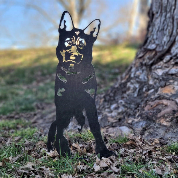 German Shepherd Corten steel dog silhouette, raw polished steel finish, shown outdoors – My Metal Rescue