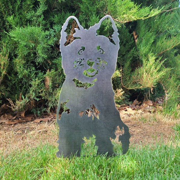 Cairn Terrier Corten steel dog silhouette, raw polished steel finish, shown outdoors – My Metal Rescue