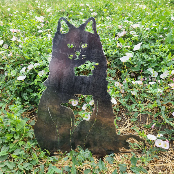 British Longhair Corten steel dog silhouette, raw polished steel finish, shown outdoors – My Metal Rescue