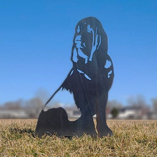 Bloodhound Corten steel dog silhouette, raw polished steel finish, shown outdoors – My Metal Rescue