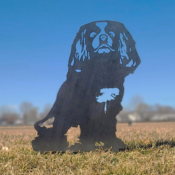 Cavalier King Charles Spaniel Corten steel dog silhouette, raw polished steel finish, shown outdoors – My Metal Rescue