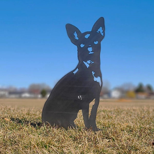 Chihuahua Corten steel dog silhouette, raw polished steel finish, shown outdoors – My Metal Rescue