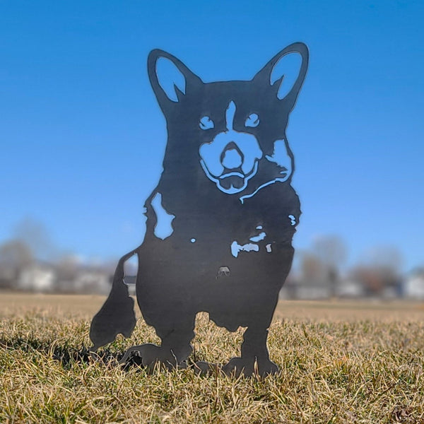 Corgi Corten steel dog silhouette, raw polished steel finish, shown outdoors – My Metal Rescue