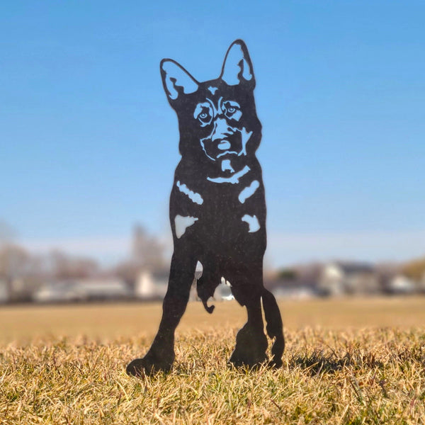 German Shepherd Corten steel dog silhouette, raw polished steel finish, shown outdoors – My Metal Rescue
