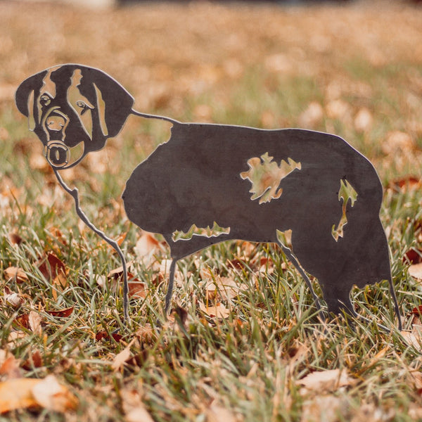 Saint Bernard Corten steel dog silhouette, raw polished steel finish, shown outdoors – My Metal Rescue