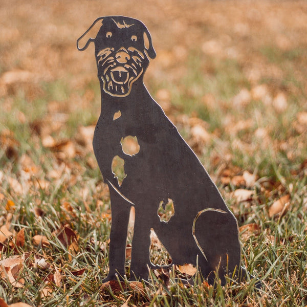 Irish Wolfhound Corten steel dog silhouette, raw polished steel finish, shown outdoors – My Metal Rescue