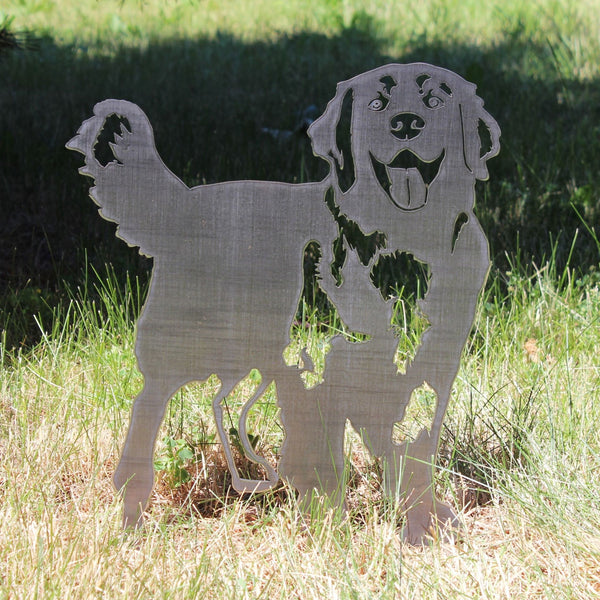 Hovawart Corten steel dog silhouette, raw polished steel finish, shown outdoors – My Metal Rescue