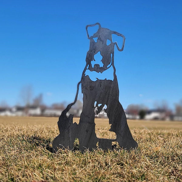 Airedale Terrier Corten steel dog silhouette, raw polished steel finish, shown outdoors – My Metal Rescue