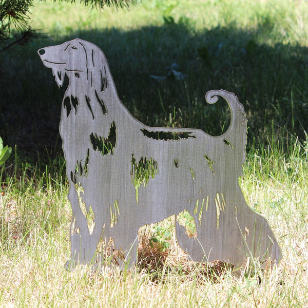 Afghan Hound Corten steel dog silhouette, raw polished steel finish, shown outdoors – My Metal Rescue