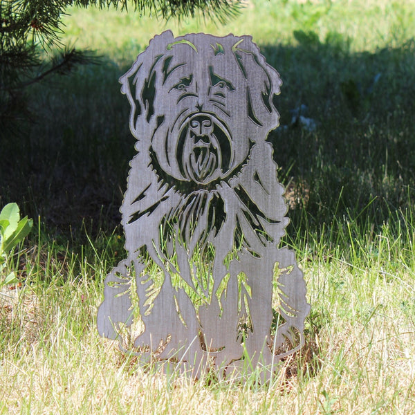 Soft Coated Wheaten Terrier Corten steel dog silhouette, raw polished steel finish, shown outdoors – My Metal Rescue