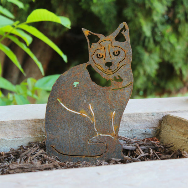 Birman Corten steel dog silhouette, rusted patina finish, shown outdoors – My Metal Rescue