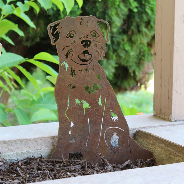 Border Terrier Corten steel dog silhouette, rusted patina finish, shown outdoors – My Metal Rescue
