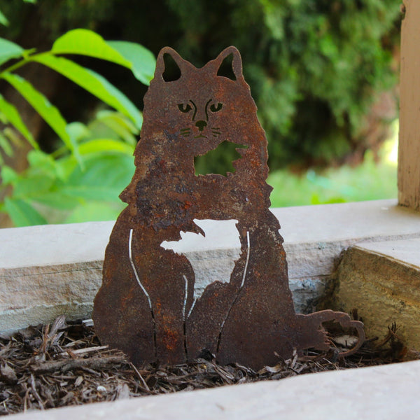 British Longhair Corten steel dog silhouette, rusted patina finish, shown outdoors – My Metal Rescue