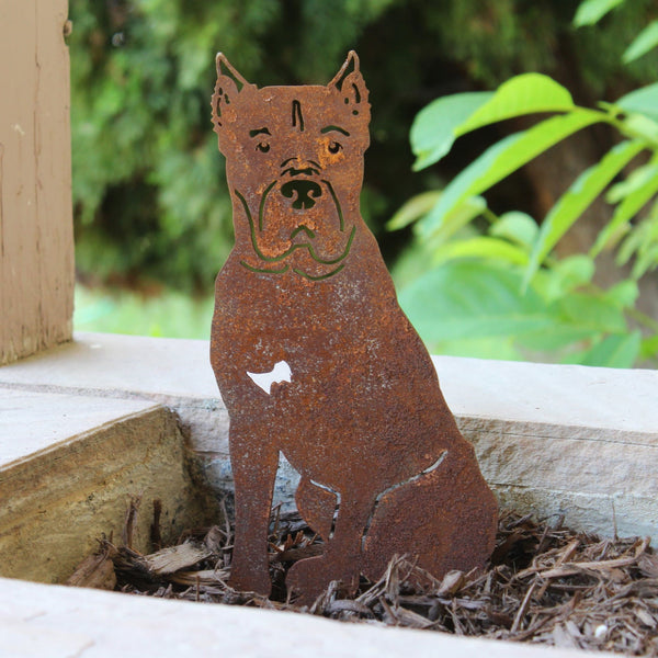 Cane Corso Corten steel dog silhouette, rusted patina finish, shown outdoors – My Metal Rescue