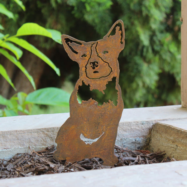 Blue Heeler Corten steel dog silhouette, rusted patina finish, shown outdoors – My Metal Rescue