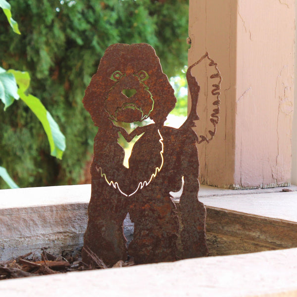 Labradoodle Corten steel dog silhouette, rusted patina finish, shown outdoors – My Metal Rescue