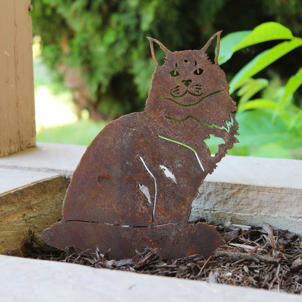 Maine Coon Corten steel dog silhouette, rusted patina finish, shown outdoors – My Metal Rescue