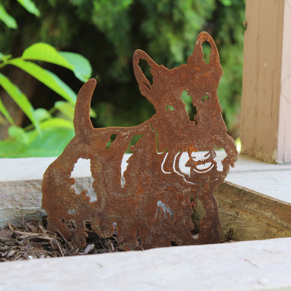 Scottish Terrier Corten steel dog silhouette, rusted patina finish, shown outdoors – My Metal Rescue
