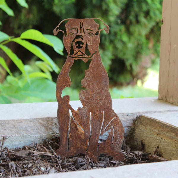 Staffordshire Bull Terrier Corten steel dog silhouette, rusted patina finish, shown outdoors – My Metal Rescue