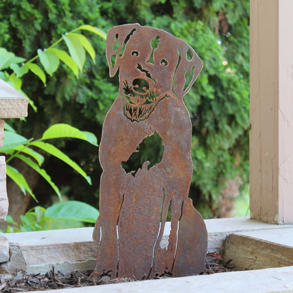 Wirehaired Pointing Griffon Corten steel dog silhouette, rusted patina finish, shown outdoors – My Metal Rescue