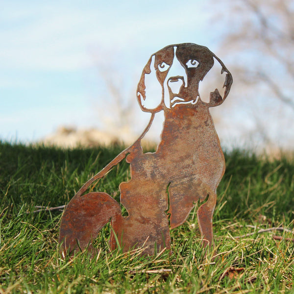 Beagle Corten steel dog silhouette, rusted patina finish, shown outdoors – My Metal Rescue