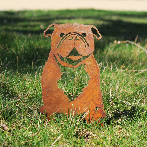English Bulldog Corten steel dog silhouette, rusted patina finish, shown outdoors – My Metal Rescue