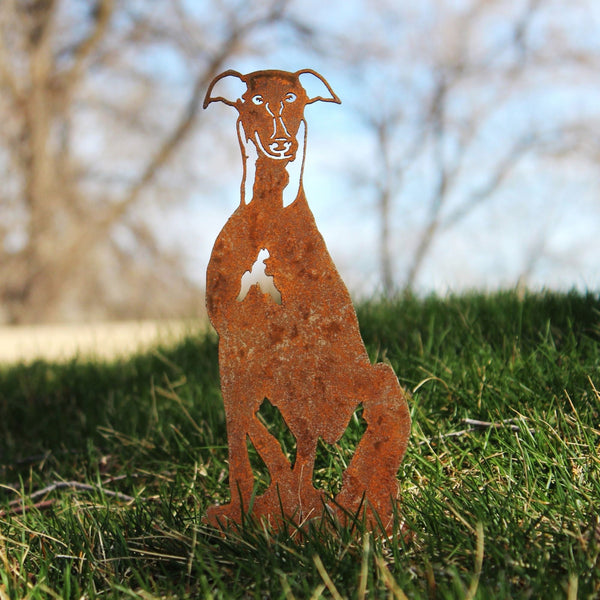 Whippet Corten steel dog silhouette, rusted patina finish, shown outdoors – My Metal Rescue