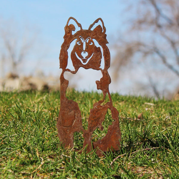 Rough Collie Corten steel dog silhouette, rusted patina finish, shown outdoors – My Metal Rescue
