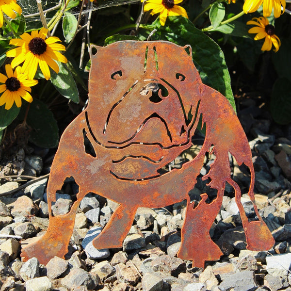 American Bully Corten steel dog silhouette, rusted patina finish, shown outdoors – My Metal Rescue