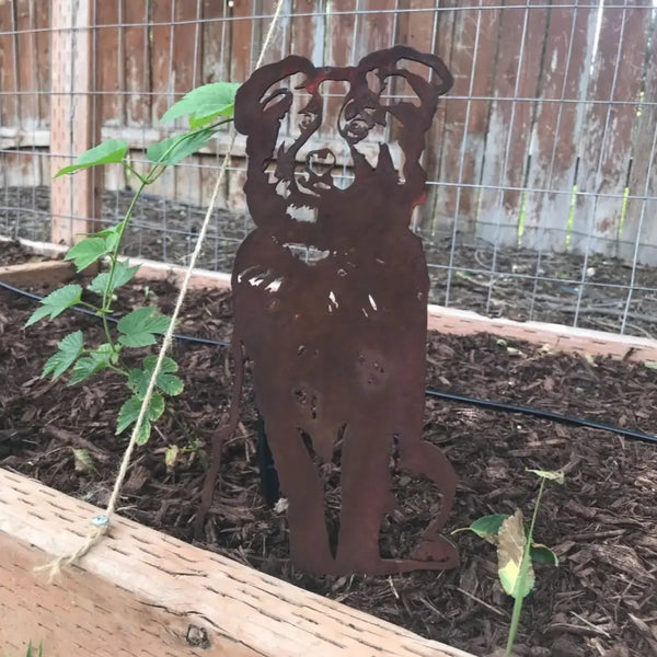 Australian Shepherd Corten steel dog silhouette, rusted patina finish, shown outdoors – My Metal Rescue