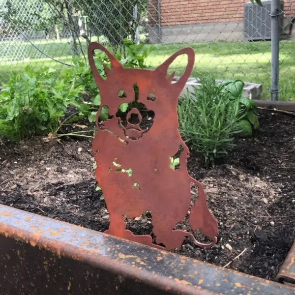 Corgi Corten steel dog silhouette, rusted patina finish, shown outdoors – My Metal Rescue