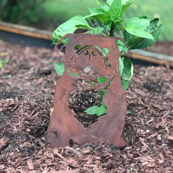 English Bulldog Corten steel dog silhouette, rusted patina finish, shown outdoors – My Metal Rescue
