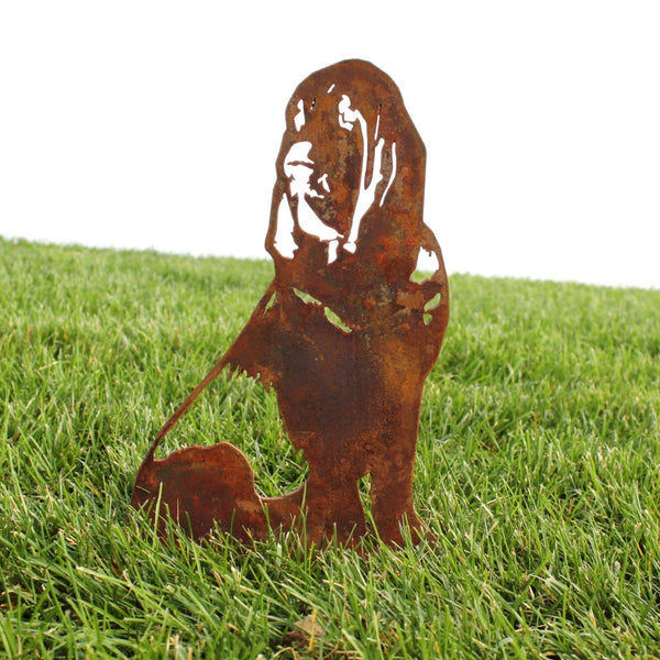 Bloodhound Corten steel dog silhouette, rusted patina finish, shown outdoors – My Metal Rescue