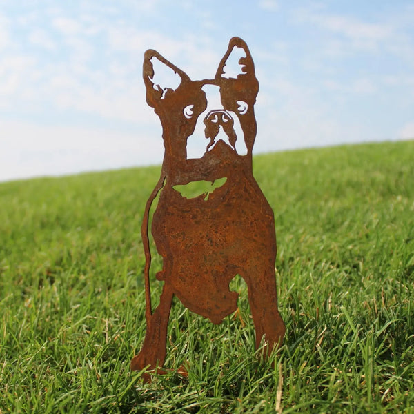 Boston Terrier Corten steel dog silhouette, rusted patina finish, shown outdoors – My Metal Rescue