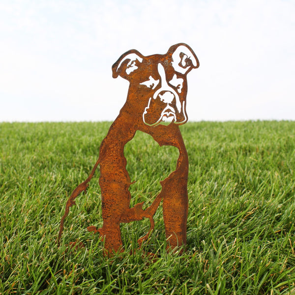Boxer Corten steel dog silhouette, rusted patina finish, shown outdoors – My Metal Rescue