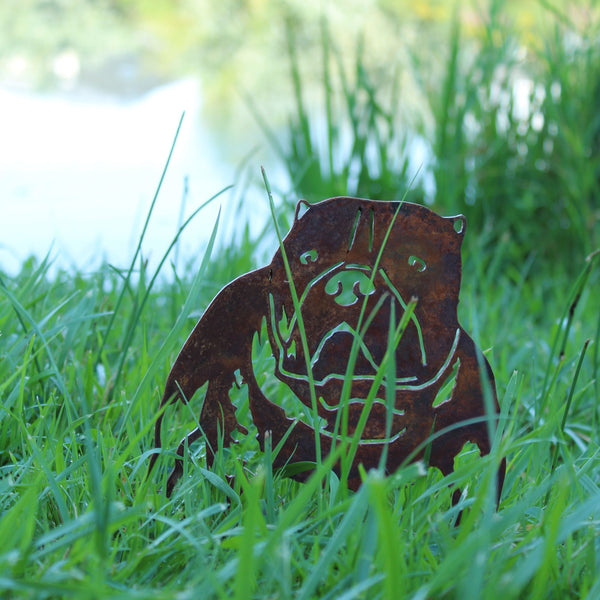 American Bully Corten steel dog silhouette, rusted patina finish, shown outdoors – My Metal Rescue
