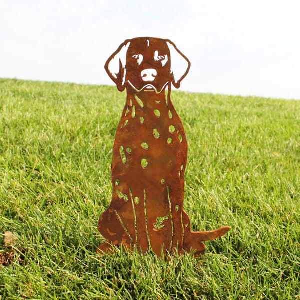 Dalmatian Corten steel dog silhouette, rusted patina finish, shown outdoors – My Metal Rescue