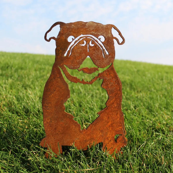 English Bulldog Corten steel dog silhouette, rusted patina finish, shown outdoors – My Metal Rescue