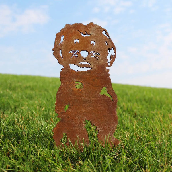 Maltese Corten steel dog silhouette, rusted patina finish, shown outdoors – My Metal Rescue