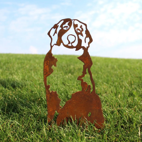 Swiss Mountain Dog Corten steel dog silhouette, rusted patina finish, shown outdoors – My Metal Rescue