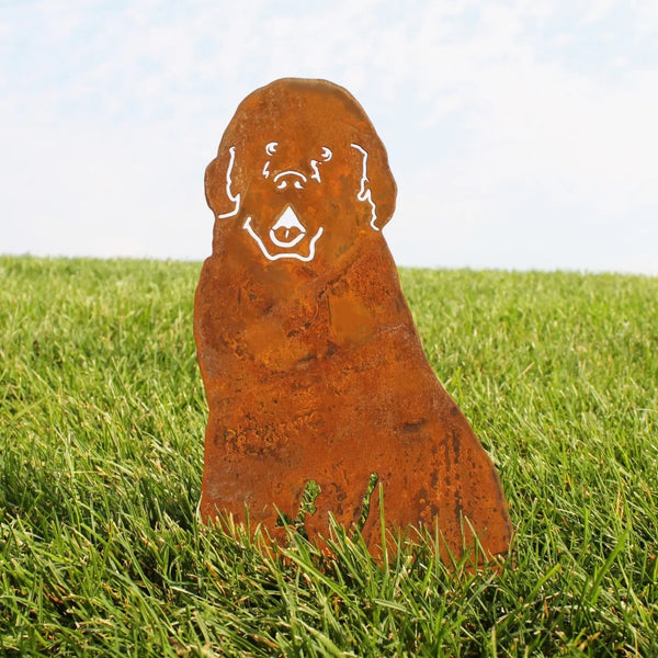 Newfoundland Corten steel dog silhouette, rusted patina finish, shown outdoors – My Metal Rescue
