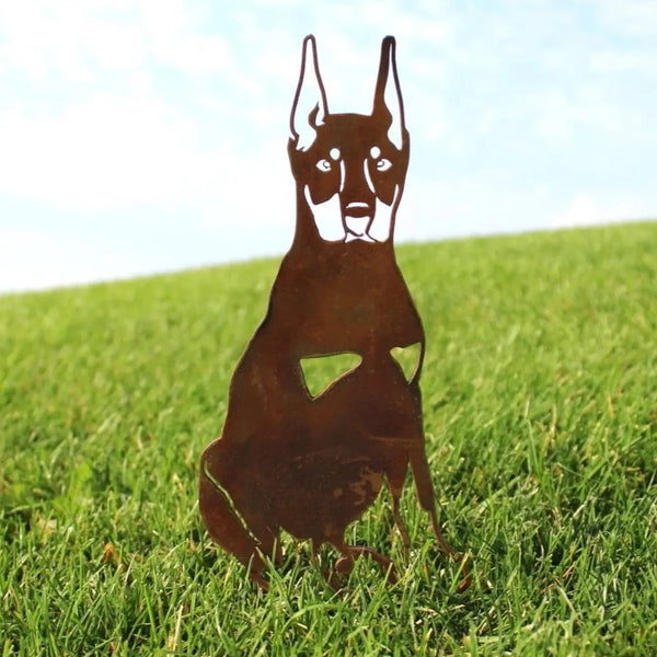 Miniature Pinscher Corten steel dog silhouette, rusted patina finish, shown outdoors – My Metal Rescue