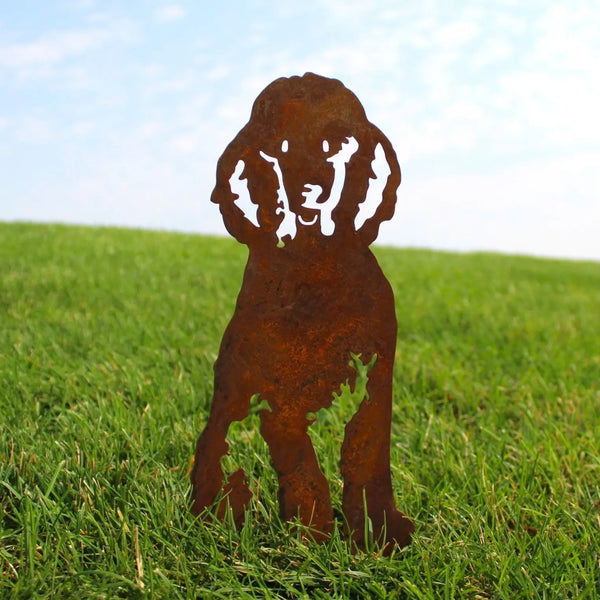 Poodle Corten steel dog silhouette, rusted patina finish, shown outdoors – My Metal Rescue