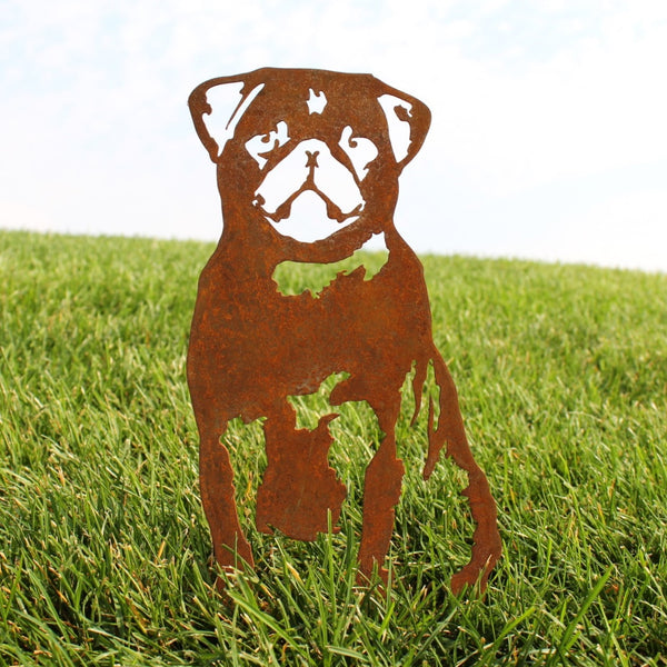 Pug Corten steel dog silhouette, rusted patina finish, shown outdoors – My Metal Rescue