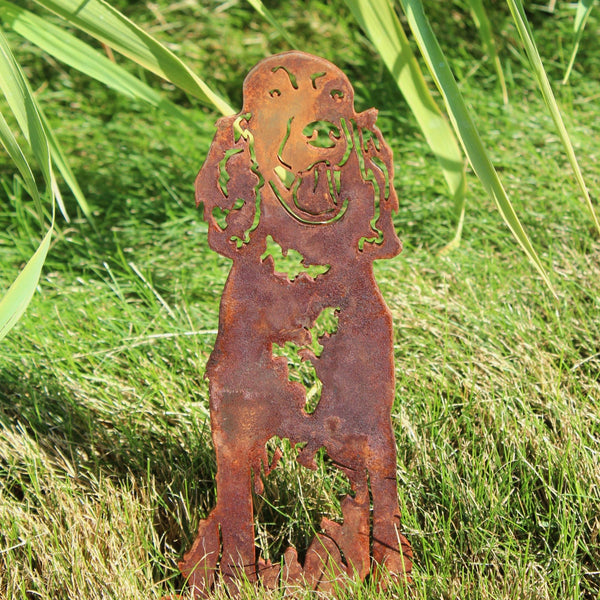 Irish Setter Corten steel dog silhouette, rusted patina finish, shown outdoors – My Metal Rescue