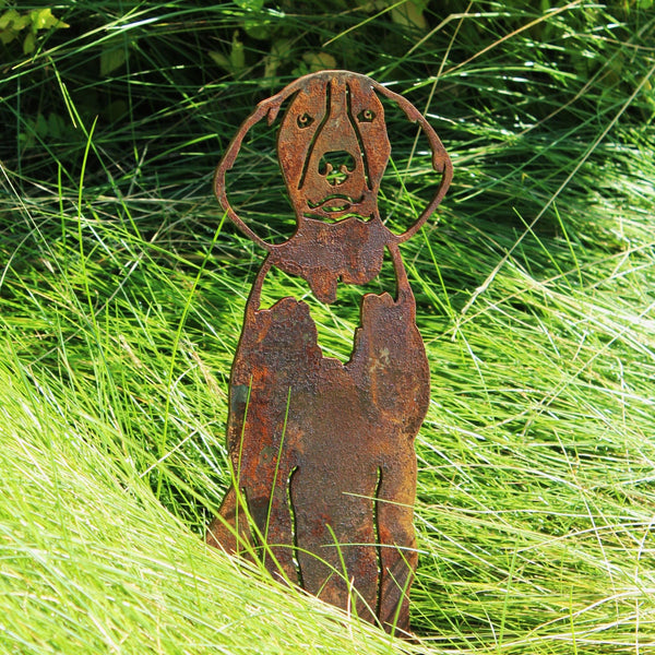 American English Coonhound Corten steel dog silhouette, rusted patina finish, shown outdoors – My Metal Rescue