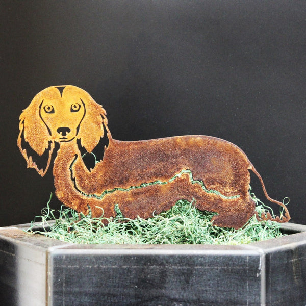 Dachshund Longhaired Corten steel dog silhouette, rusted patina finish – My Metal Rescue